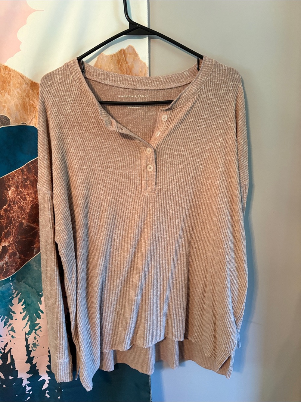 American Eagle Outfitters Light Beige Ribbed Henley Long Sleeve Top